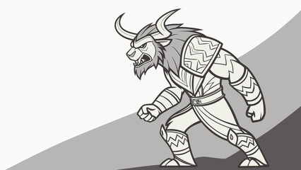 Obraz premium Fierce minotaur in armor standing on rocky terrain, showcasing strength and determination. Minotaur character displays powerful presence and intricate armor design