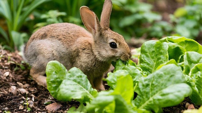 A small warm rabbit is gently nibbling fresh lettuce leaves within a lush garden bed