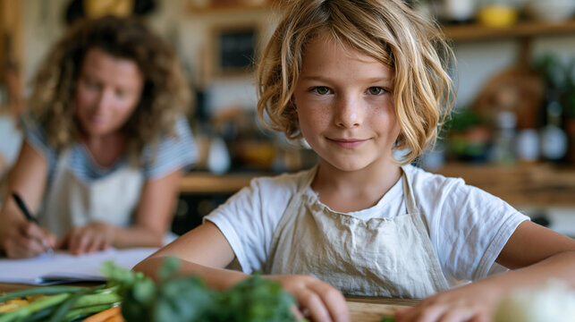 Lebanese girl arranging vegetables by size across a kitchen counter as part of a homeschool math lesson, her mother recording notes beside her, leading lines from the counter edge