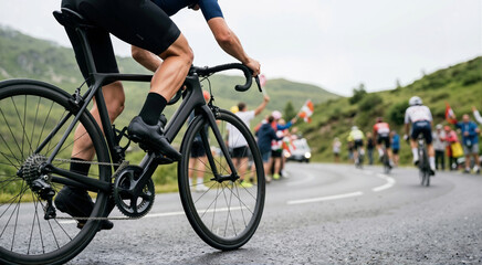 Fototapeta premium Close up of cyclist legs riding black road bike in race. Professional athlete pedaling on mountain road with blurred spectators and peloton in background