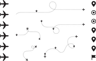 Set of black airplane flight routes and travel map icons featuring dashed paths with location markers on transparent grid. Vector Illustration © Abdul
