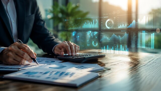 Corporate Businessman Working in Office Using Calculator and Pen to Analyze Financial Data Dashboard with Glowing Light Blue Futuristic Holographic Charts and Graphs