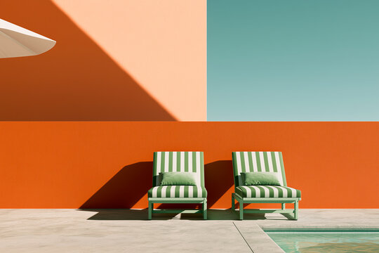 Minimalist luxury poolside scene with striped sun loungers, bold geometric architecture, and vibrant summer colors creating a modern vacation atmosphere.
