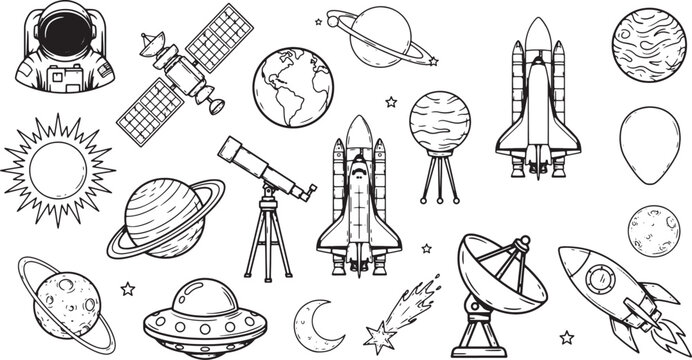 Detailed space exploration collection featuring astronaut shuttle telescope planet and celestial objects isolated design. Vector Illustration