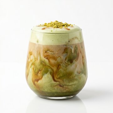 Fresh creamy pistachio smoothie in a glass topped with crushed nuts for a treat