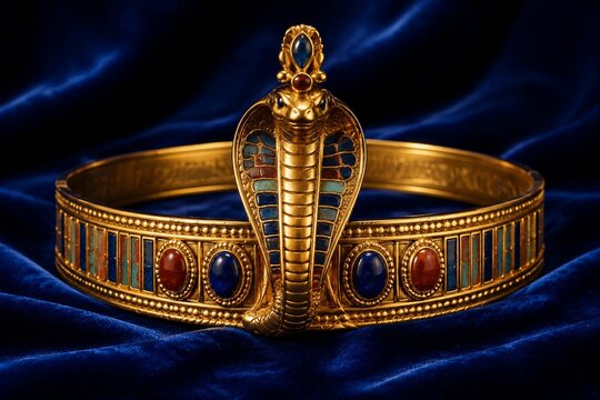 Golden uraeus crown with cobra motif on blue velvet, luxurious and regal.