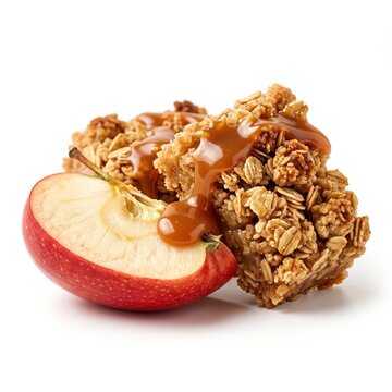 Healthy granola bar with fresh apple slice and sweet caramel syrup topping drizzle