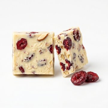 Two square pieces of green pistachio fudge with dark red dried cherries on top