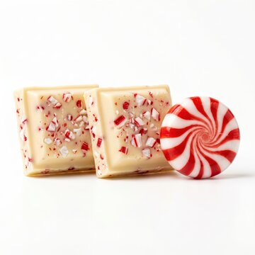 Two square sugar cookies with colorful sprinkles and a round red peppermint candy
