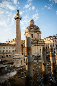 Trajan Column and Church of the Most Holy Name of Mary at the Trajan Forum in Rome