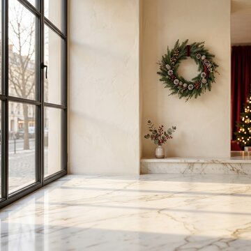 Modern living room with a green christmas wreath on the wall during the holidays