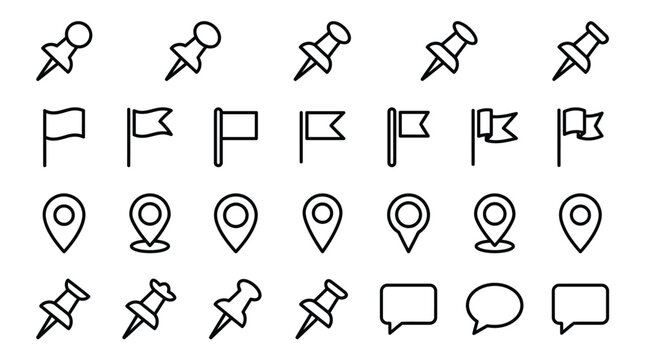 Set of black line icons featuring push pins flags map markers and speech bubble shapes