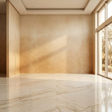 Empty modern room with sunlight casting shadows on a warm orange painted wall