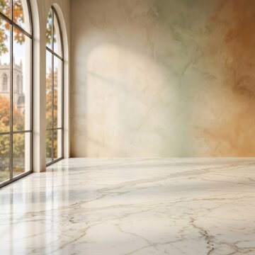 Empty room with arched windows and warm sunlight streaming through the glass walls