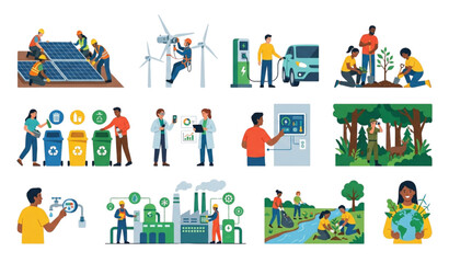 Fototapeta premium Climate Action and Green Technology Vector Illustration Set for Sustainable Development and Environmental Protection