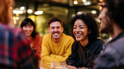 Fototapeta premium Diverse group of friends laughing together during casual evening conversation