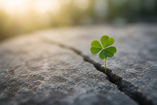 A single green clover growing from a crack in a gray stone.