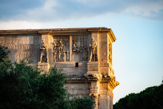 Detailed relief sculptures on the Arch of Constantine in Rome, Italy