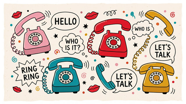 Retro Rotary Telephone Hand Drawn Doodle Banner with Colorful Phones Speech Bubbles Hello Lets Talk Lettering Design