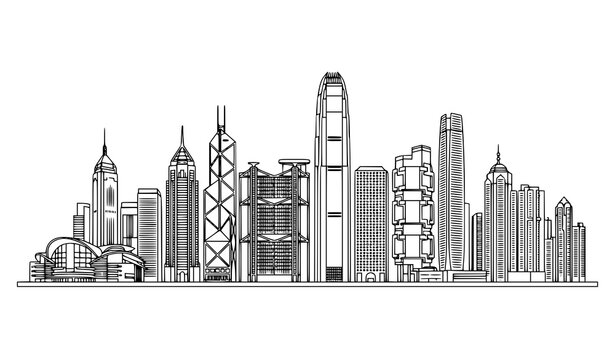 Hong Kong Skyline Vector Illustration with Modern City Architecture EPS