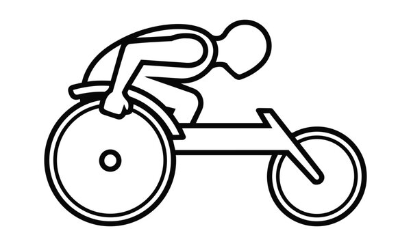 Clean line art icon of a parathlete in a dynamic racing wheelchair, side profile on white. Adaptive sports concept