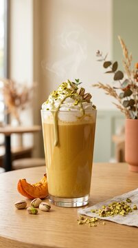 A tasty pistachio milkshake topped with whipped cream on a wooden table in a cafe