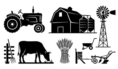 Farm vector illustration set with tractor barn cow windmill wheat and grain silos isolated on white background © Md