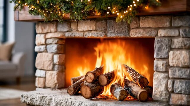 Cozy stone fireplace with roaring flames and a lit mantel