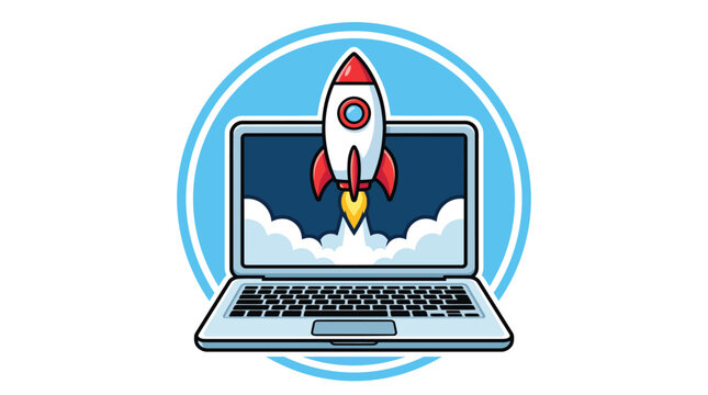 Vibrant cartoon style illustration of a rocket ship launching from a modern open silver laptop screen