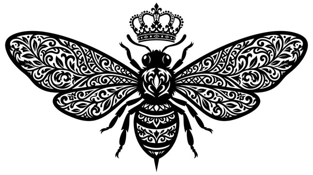 Ornate bee, black illustration, crown, floral patterns, decorative insect