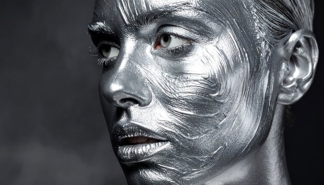 Close-up of face covered in metallic silver paint.