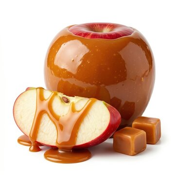 Fresh red apple covered with sweet golden caramel sauce and small candy pieces