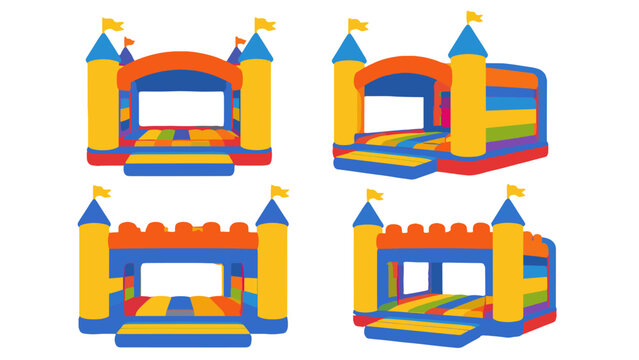 Colorful inflatable bounce house set with multiple views