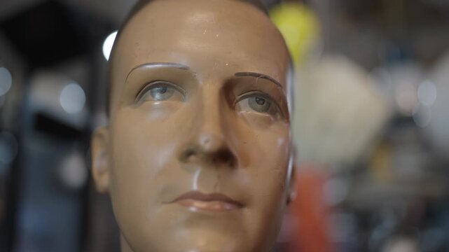 Retro Bust Mannequin With Bokeh Background and Smooth Slide in a bric-a-brac room. [Angle n&deg; 3/5 Series] from 10 bits ProRes 442 - Slog 3 - 35mm