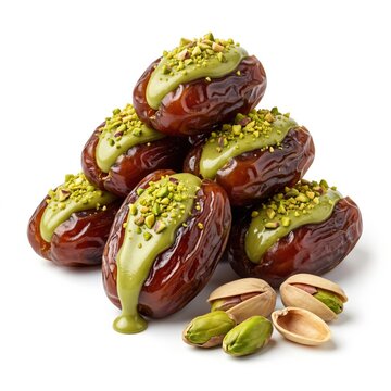 Stack of sweet dried date fruits topped with green pistachio cream and nuts