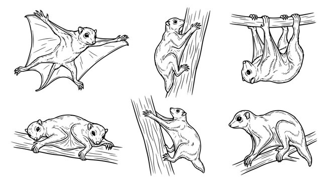 Colugo or flying lemur collection featuring various gliding and climbing poses in a detailed black and white line art style suitable for zoological study materials or nature education projects