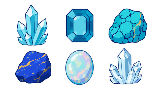 Blue crystal and gemstone icon set isolated on white