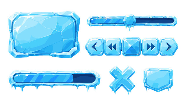 Blue ice game interface set with buttons, bars and arrows
