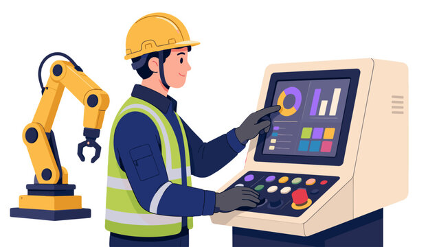 Factory worker operating industrial control panel with robotic arm