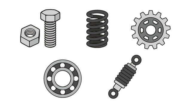 Mechanical parts vector set with bolt, nut, spring and gear