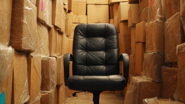 Black chair in a storage space filled with boxes during daylight