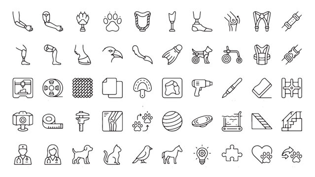Veterinary animal prosthetics and physical therapy line icon illustration set
