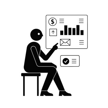 Analyst examines financial data charts and email notifications on a digital display interface.