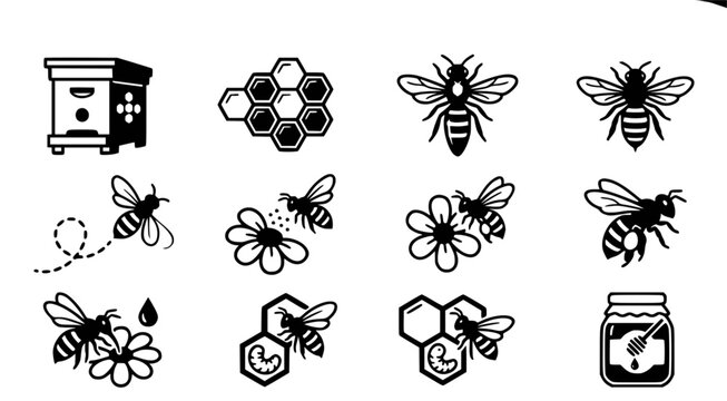 Collection of honey bee and apiary vector icons featuring bees honeycomb hives and honey jars in clean black line art style for beekeeping branding or organic nature graphic design elements
