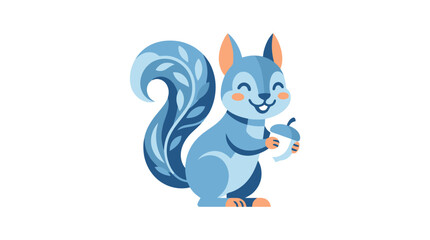 Blue cartoon squirrel holding acorn mascot. © Fatin