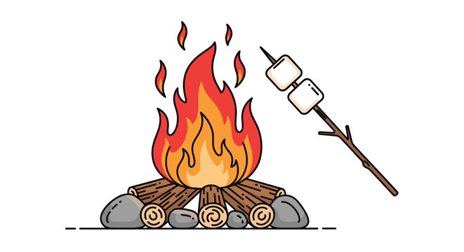 Warm illustration of a cozy campfire with burning logs and two white marshmallows roasting on a wooden stick over the flames.