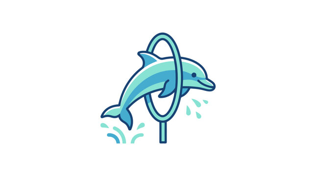 Blue dolphin jumping through a hoop.