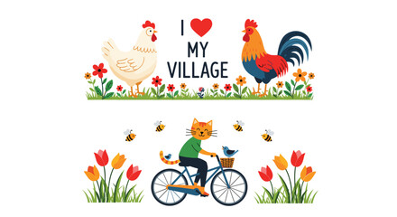 Obraz premium Vibrant village life scenes include a rooster and hen in a garden and a cat riding a bicycle through a field of colorful blooming tulips.