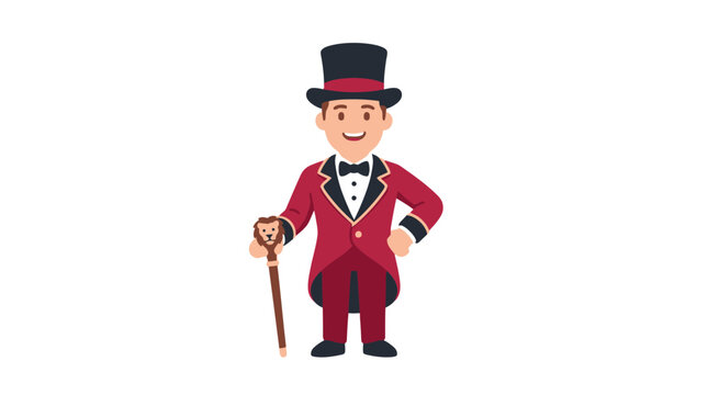 Animated circus ringmaster holding a wooden cane.