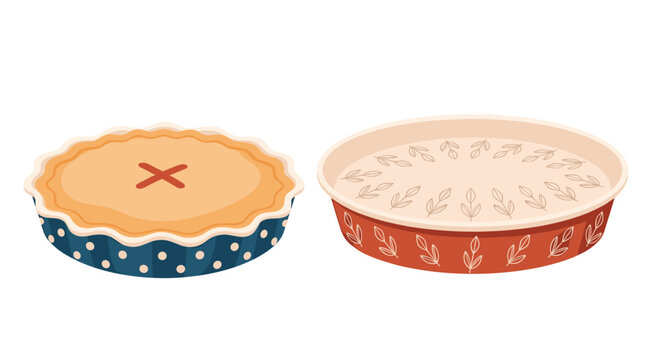 Homemade fruit pie in a blue polka dot dish sits next to an empty red ceramic pie plate decorated with leaf patterns for baking enthusiasts.